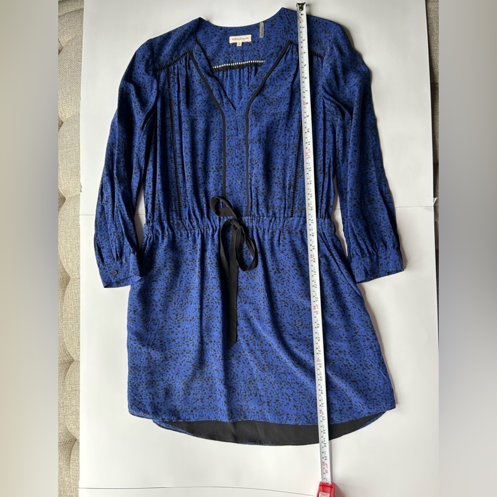 Rebecca Taylor silk  Long Sleeve blue black Print Dress with  belt - Picture 5 of 9